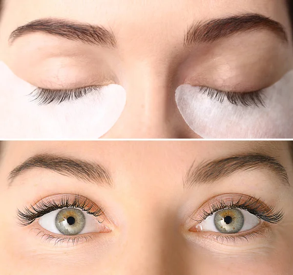 Young woman before and after eyelash extension procedure, closeup — Stock Photo, Image