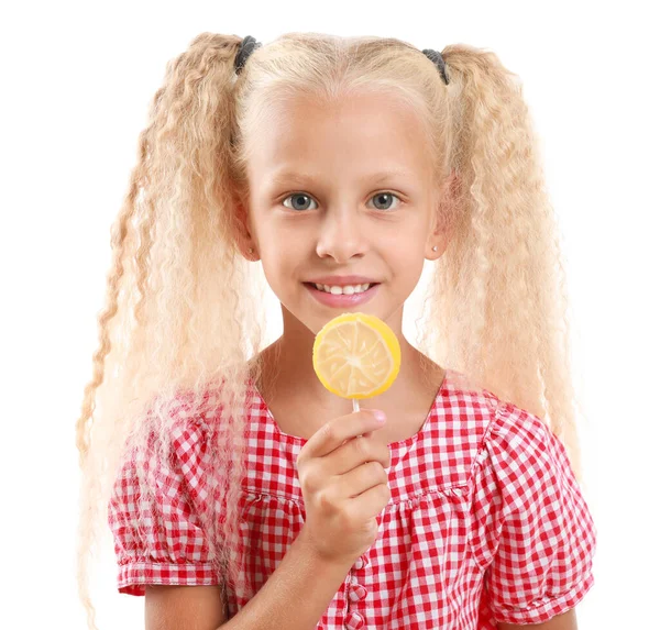 Cute little girl with lollipop on white background — Stock Photo, Image