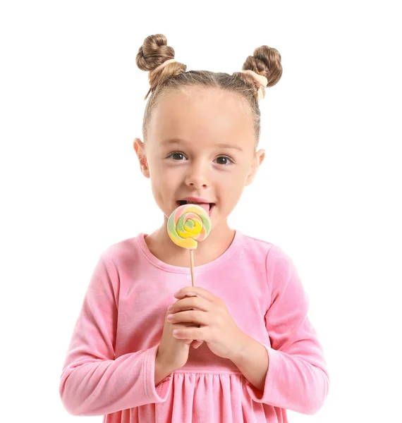 Niedliches kleines Mädchen mit süßem Lutscher auf weißem Hintergrund — Stockfoto
