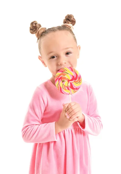 Cute little girl with sweet lollipop on white background — Stock Photo, Image