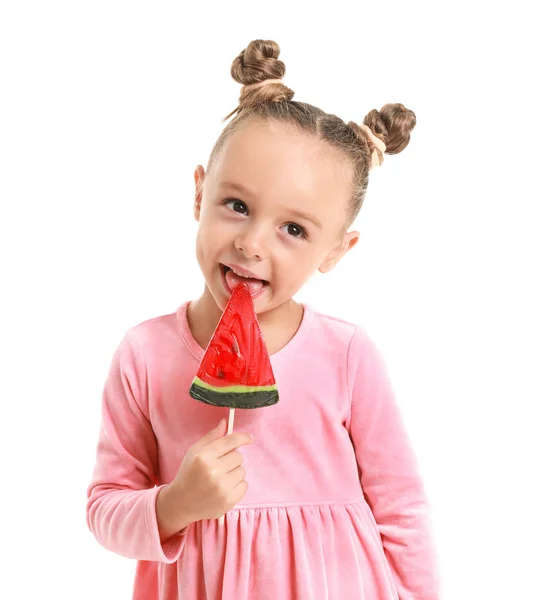 Schattig klein meisje met zoete lolly op witte achtergrond — Stockfoto