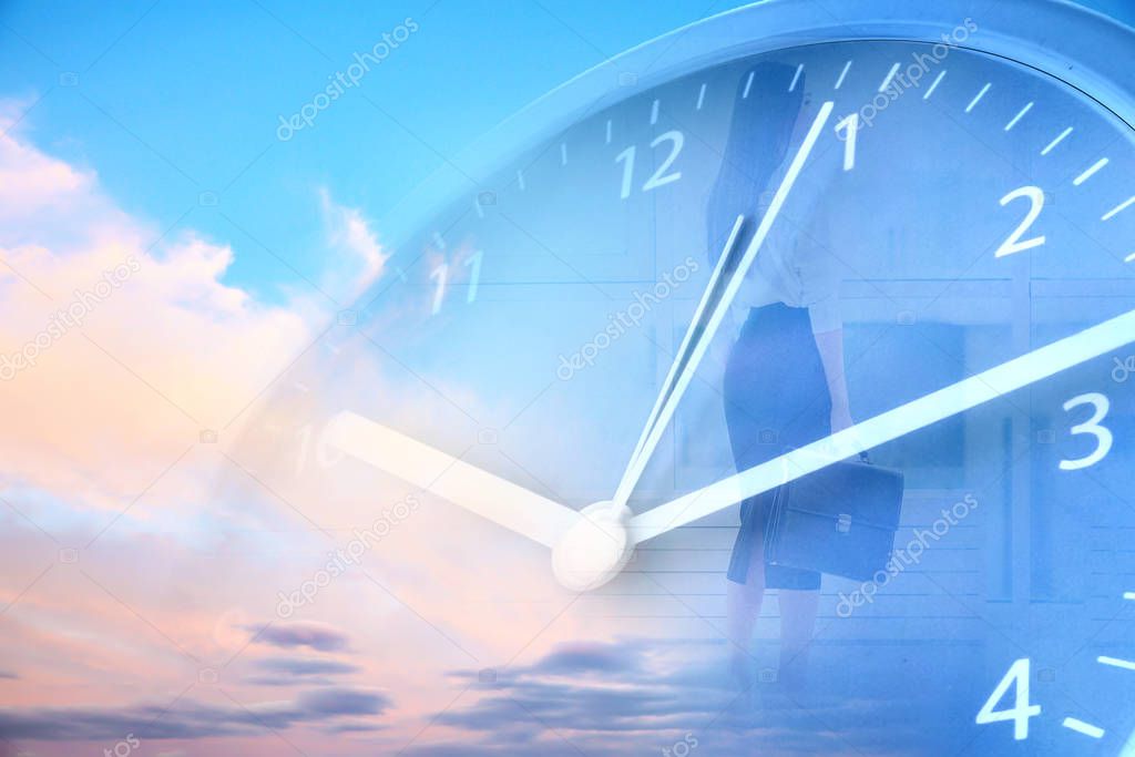 Triple exposure of clock, beautiful sky and businesswoman. Time management concept