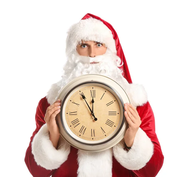 Babbo Natale con orologio su sfondo bianco. Conto alla rovescia di Natale — Foto Stock