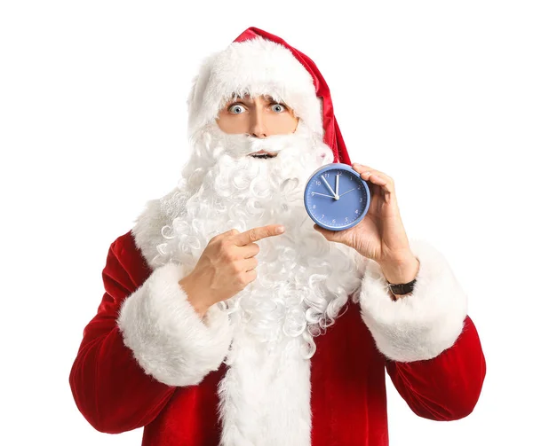 Surprised Santa with alarm clock on white background. Christmas countdown concept — Stock Photo, Image