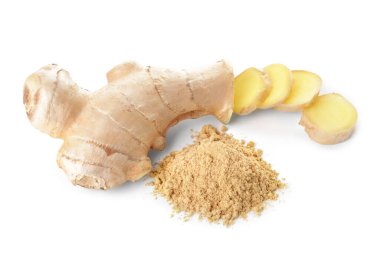 Beyaz arka planda taze ve zemin zencefil