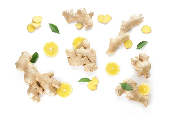 Slices of fresh ginger with lemon on white background — Stock Photo, Image