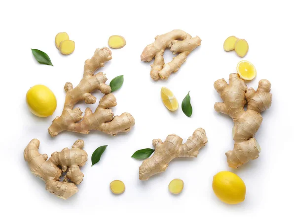 Fresh ginger and lemon on white background — Stock Photo, Image