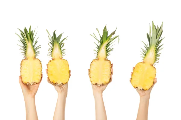 Hands with juicy pineapples on white background — Stock Photo, Image