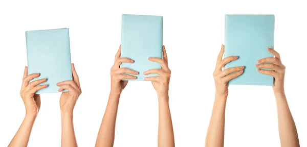 Γυναικεία χέρια με βιβλία σε λευκό φόντο — Φωτογραφία Αρχείου