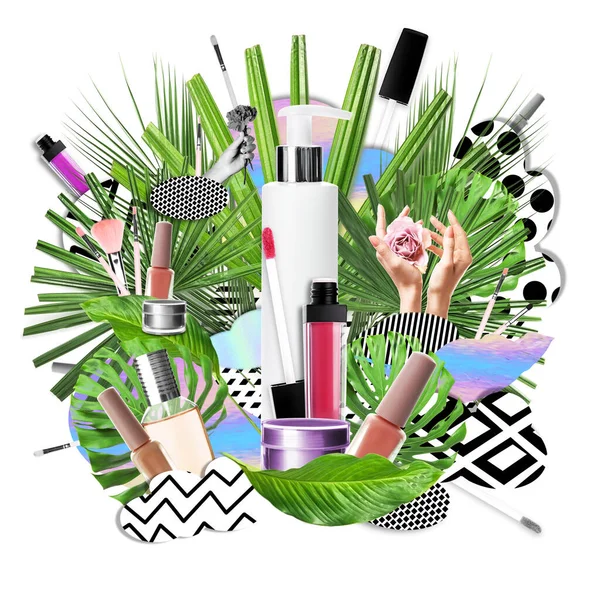 Collage with cosmetics and tropical leaves on white background