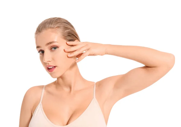 Hermosa mujer joven en ropa interior sobre fondo blanco —  Fotos de Stock