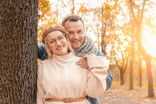 Happy mature couple in autumn park — Stock Photo, Image