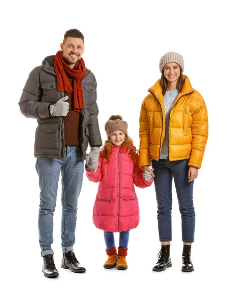 Familia feliz en ropa de invierno sobre fondo blanco —  Fotos de Stock