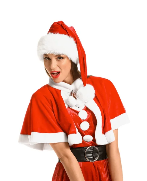 Bella giovane donna in costume da Babbo Natale su sfondo bianco — Foto Stock