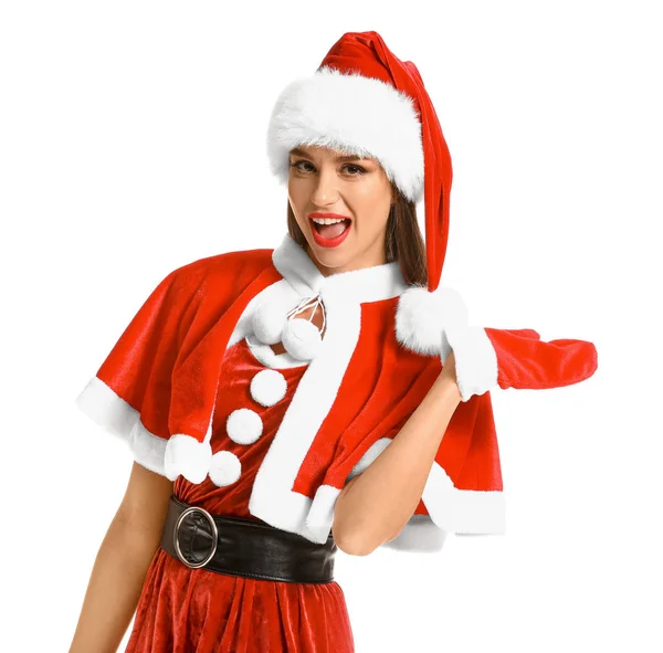 Gyönyörű fiatal nő Santa jelmez fehér háttér — Stock Fotó