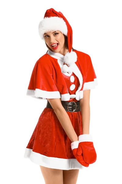 Bella giovane donna in costume da Babbo Natale su sfondo bianco — Foto Stock