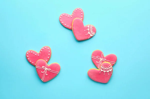 Heart shaped cookies for Valentine's day on color background — Stock Photo, Image