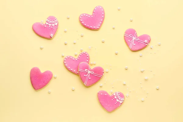 Heart shaped cookies for Valentine's day on color background — Stock Photo, Image