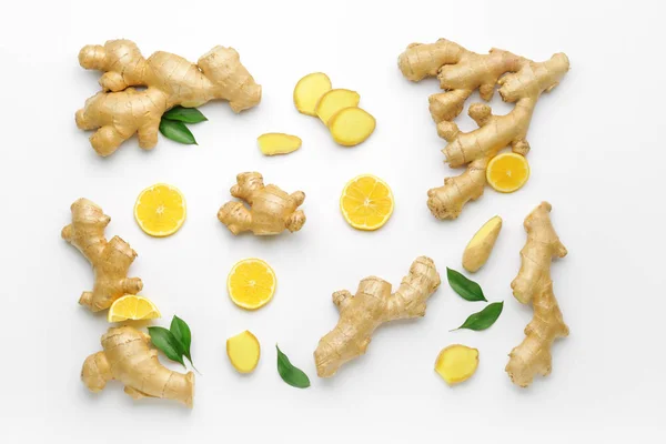 Fresh ginger and lemon on white background — Stock Photo, Image