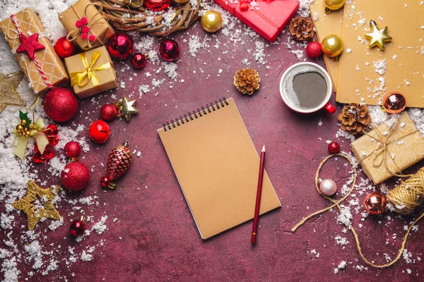 Christmas composition with empty notebook on color background — Stock Photo, Image