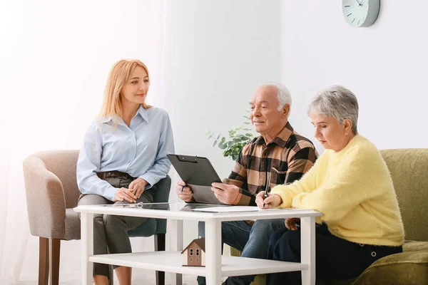 Female real estate agent working with senior couple indoors — Stock Photo, Image