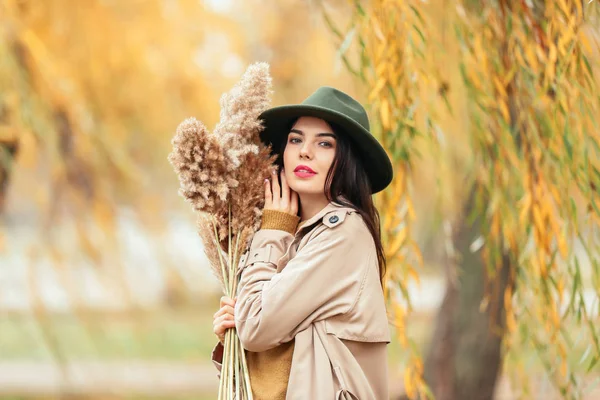 Piękna młoda kobieta w parku w jesienny dzień — Zdjęcie stockowe
