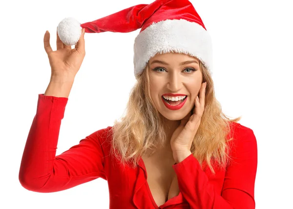 Krásná mladá žena v Santa klobouk na bílém pozadí — Stock fotografie