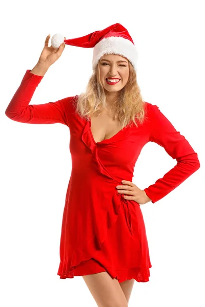 Beautiful young woman in Santa hat on white background — Stock Photo, Image