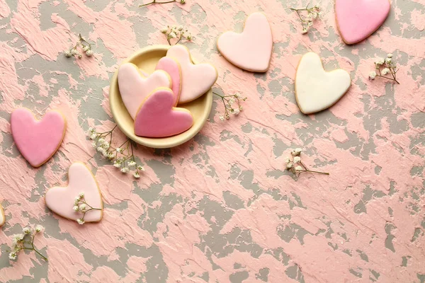 Composition with heart shaped cookies for Valentine's day on color background — Stock Photo, Image