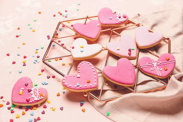 Tasty heart-shaped cookies on color background. Valentines Day celebration — Stock Photo, Image