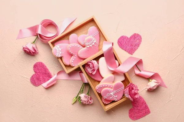 Tasty heart-shaped cookies on color background. Valentines Day celebration — Stock Photo, Image