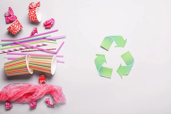 Different garbage on grey background. Recycling concept — Stock Photo, Image