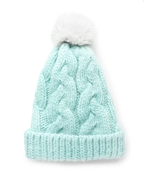 Stylish knitted hat on white background — Stock Photo, Image