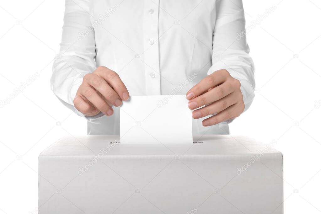 Woman putting ballot paper in voting box against white background