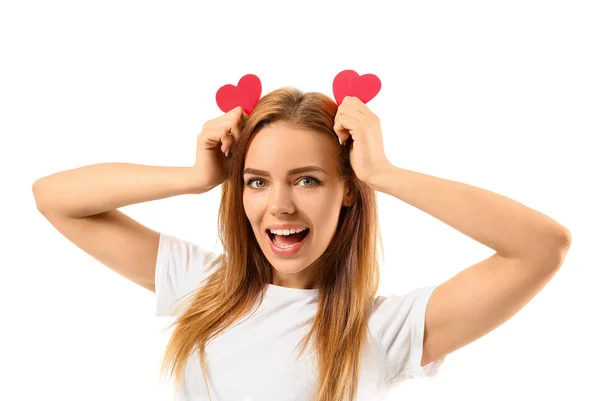 Beautiful young woman with small red hearts on white background — Stock Photo, Image