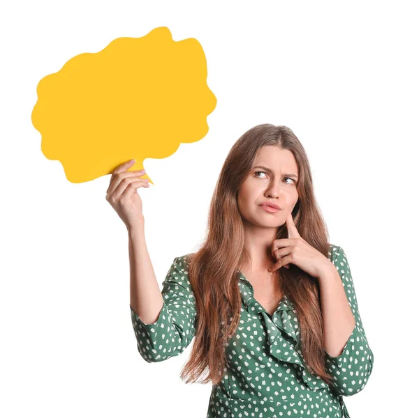 Thoughtful young woman with blank speech bubble on white background — Stock Photo, Image
