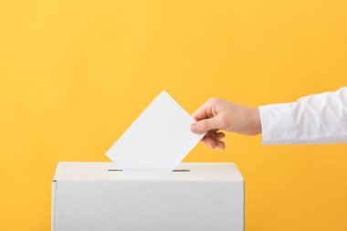 Renkli arka planda oy sandığının yanında oy veren kadın