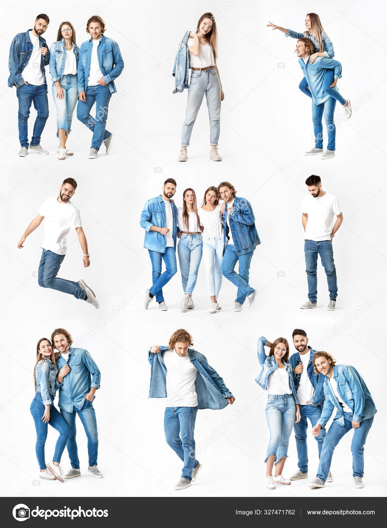 Collage with stylish young people in jeans clothes on white background Stock Photo serezniy 327471762