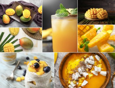 Olgun mango, smoothie, buzlu şeker ve taze meyve suyu ile kolaj