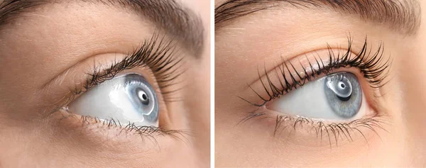 Beautiful young woman before and after eyelashes lamination, closeup — Stock Photo, Image