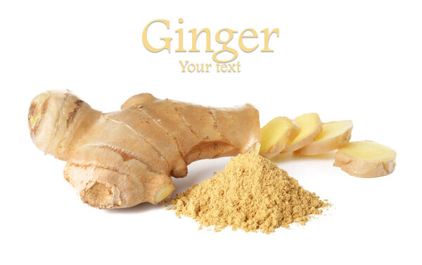 Fresh and ground ginger on white background with space for text