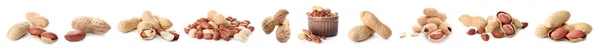 Collage mit leckeren Erdnüssen auf weißem Hintergrund — Stockfoto