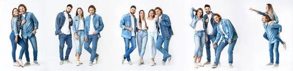 Collage med snygga ungdomar i jeans kläder på vit bakgrund — Stockfoto