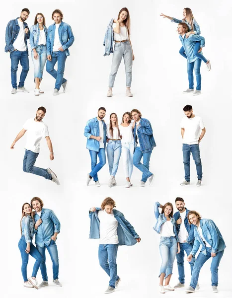 Collage con giovani alla moda in jeans vestiti su sfondo bianco — Foto Stock