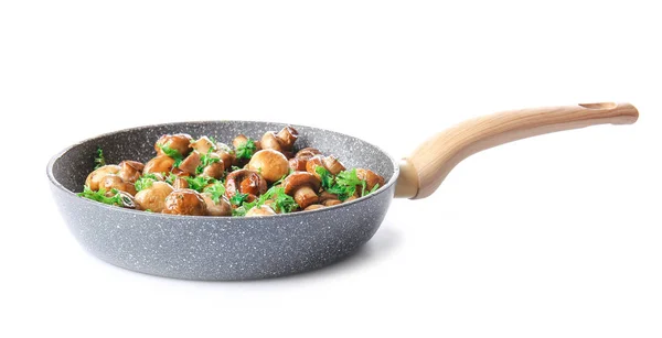 Frying pan with tasty cooked mushrooms on white background — Stock Photo, Image