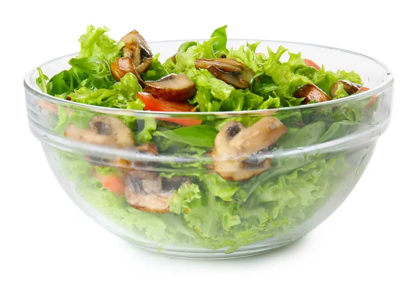 Cuenco con sabrosa ensalada de champiñones sobre fondo blanco —  Fotos de Stock