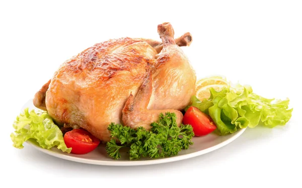 Placa con pollo al horno sobre fondo blanco — Foto de Stock