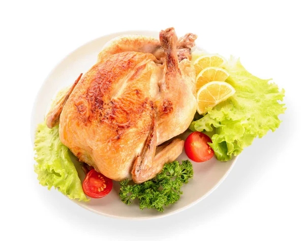 Assiette avec poulet cuit au four sur fond blanc — Photo