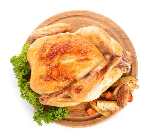 Tábla sült csirke és burgonya fehér alapon — Stock Fotó