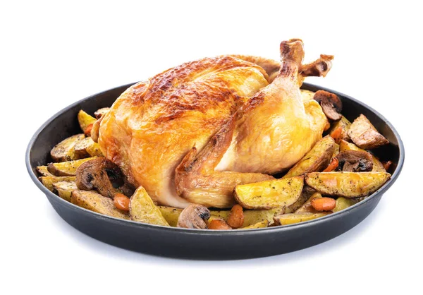 Plat avec poulet cuit au four et pomme de terre sur fond blanc — Photo